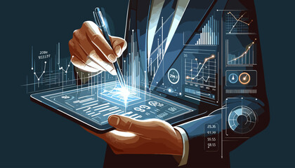 Concept of an image of an elite businessman analyzing digital data on a tablet. Vector illustration.