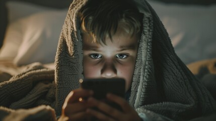 A young boy is intently looking at a smartphone screen symbolizing the potential dangers children face online, including sexual harassment, cyberbullying, and exposure to inappropriate content. - obrazy, fototapety, plakaty