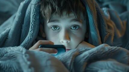 A young boy is intently looking at a smartphone screen symbolizing the potential dangers children face online, including sexual harassment, cyberbullying, and exposure to inappropriate content. - obrazy, fototapety, plakaty