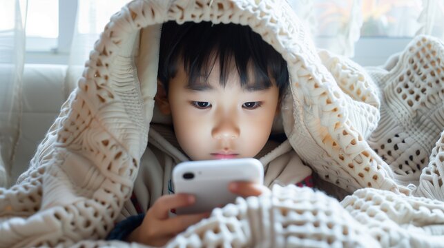 A young boy is intently looking at a smartphone screen symbolizing the potential dangers children face online, including sexual harassment, cyberbullying, and exposure to inappropriate content.