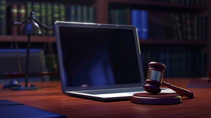 An illustration of a virtual court concept, depicting an online court hearing with a judge, lawyers, and participants connecting remotely through video conferencing technology.