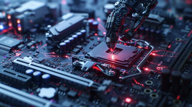 Close-up of an automated robotic arm placing a CPU on a motherboard circuit with glowing red lights.