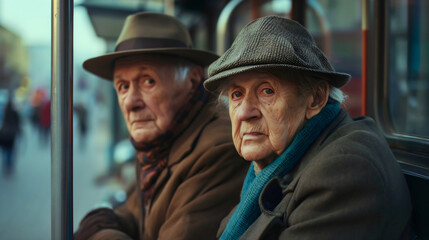 Two elderly people, grandma and grandpa, senior old husband and wife sitting at the bus station, two pensioner passengers waiting for the arrival of the public city transportation vehicle - obrazy, fototapety, plakaty