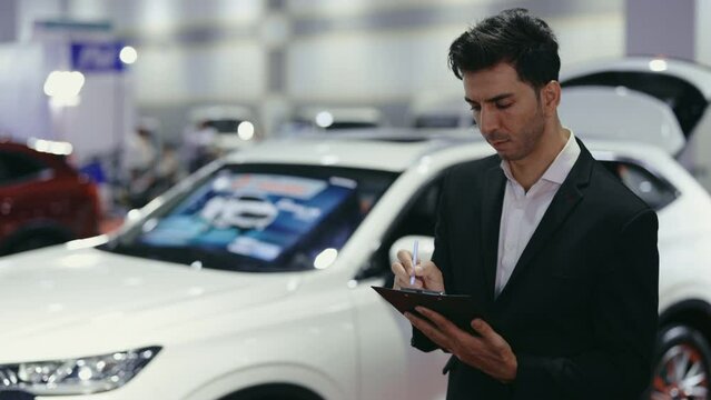 Handsome Owner of Car Dealership, Reads and Corrects Data on Delivery of Cars While Standing in Car Dealership. Male Young Businessman Carefully Reread the Purchase Contract. Car Dealership Concept