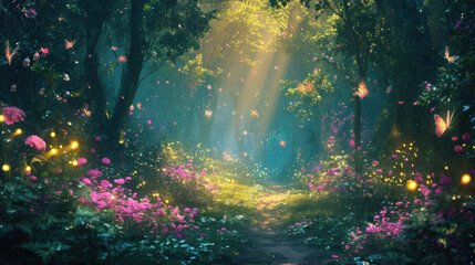Enchanted forest pathway surrounded by magical flora and fauna. Fantasy setting.