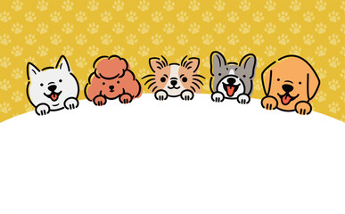肉球・足跡柄の黄色背景と顔を出す犬の見出しタイトルに使えるコピースペースのあるかわいいベクターフレームデザイン素材
