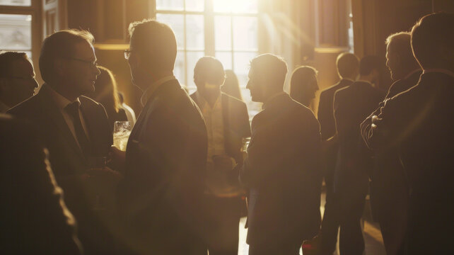 Silhouetted gathering in golden sunlight, the buzz of business networking in progress.