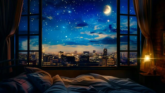 Open window bedroom with starry night sky view. seamless looping 4k time-lapse animation video background