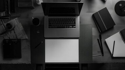 minimalist masculine desk with laptop and design materials.