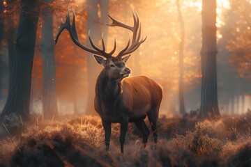 A majestic stag with a full crown of antlers stands in a foggy forest clearing at sunrise, embodying the spirit of the wilderness.