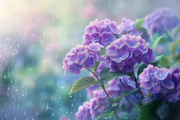 雨が降る日の庭園のアジサイの花