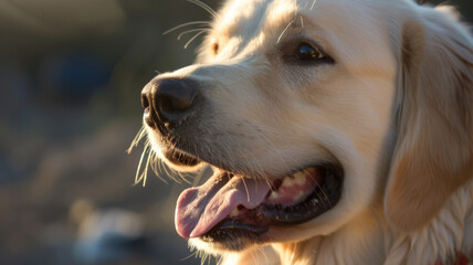 Close-up of a joyful golden retriever with a radiant sunset backdrop.