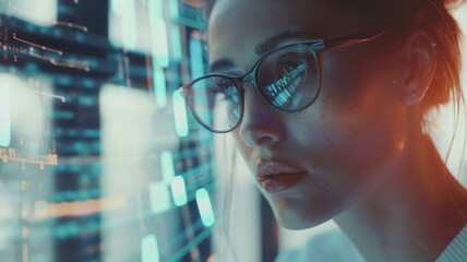 A young woman in glasses focuses intently on futuristic data projections.