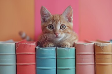 Education concept - rad ginger cat sitting on books on colorful background. April National Library Day. I love read the books. Cute mouse sitting on the top of books stack