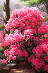 Breathtaking Display of Blooming Reddish-Pink Azalea Bush - Nature's Vibrant Artistry