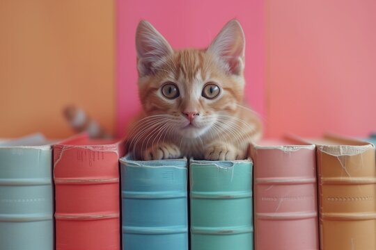 Education concept - rad ginger cat sitting on books on colorful background. April National Library Day. I love read the books. Cute mouse sitting on the top of books stack