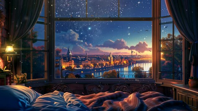 Open window bedroom with starry night sky view. seamless looping 4k time-lapse animation video background