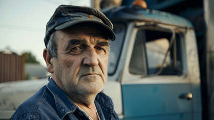 Pensive truck driver with a stoic face, standing by his blue rig at dusk.