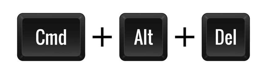 Cmd Alt Del Key combination. Keyboard, command, control, computer, shortcut, laptop, functional, input device, peripheral, enter the text, typing, type, hotkeys, layout, language, qwerty. Vector