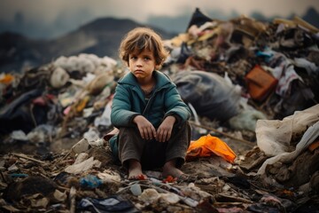 Obraz premium Innocent gaze of a 5-year-old boy amidst the waste, reflecting resilience