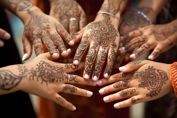 
Intricately designed henna patterns adorning the hands of women in preparation for Eid al-Fitr celebrations, symbolizing beauty and tradition