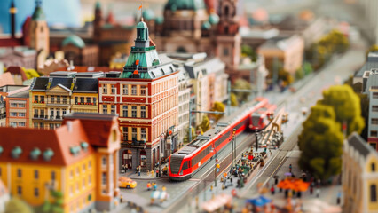 Miniature cityscape with vibrant tram bustling through a diorama of urban life.