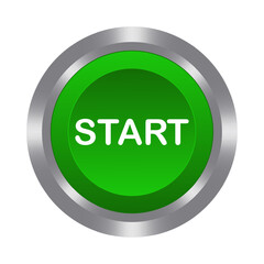 Start green button with metal base. Push, press, control, manipulation, key, knob. Starter, beginning, onset, opening, launch, run the program, turn on, switch, activate, plug in, install, contact