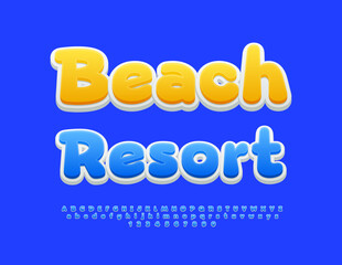 Vector travel poster Beach Resort. Modern Blue Font. Unique Alphabet Letters and Numbers.