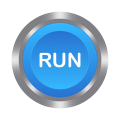 Run blue button with metal base. Push, press, control, manipulation, key, knob. Starter, beginning, onset, opening, launch, start the program, turn on, switch, activate, plug in, install, contact