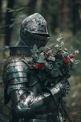Fototapeta premium medieval knight in armor holding a bouquet of flowers