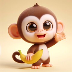3d cartoon cute monkey standing with holding a banana