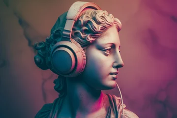 Foto op Plexiglas Ancient statue with modern music headphones © erika8213