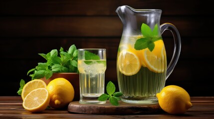 Fototapeta premium Juice or lemonade in a glass, jug of lemon and lime slices. A refreshing refreshing drink. A healthy organic drink. Proper nutrition and diet.