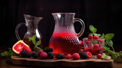 Raspberry juice or cocktail on a dark background. A refreshing cool drink, lemonade or iced tea in a glass.