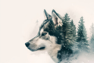 Double exposure image of a Siberian husky dog and a snowy pine forest.