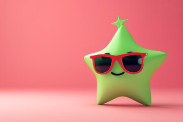 3D render features a cute green star character with a radiant smile, sporting stylish sunglasses and unique red hair. minimalistic design. for a variety of creative, from children's to adv. Green star