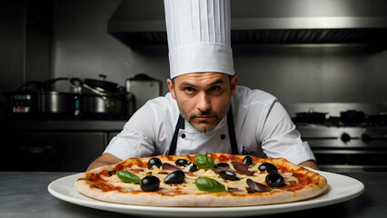 chef holding pizza