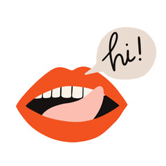 Red lips with lettering hi Red sexy lips. Mouth with kiss, smile, tongue and teeth. Hand drawn vector isolated on white background. Great for poster, t shirts, postcards.