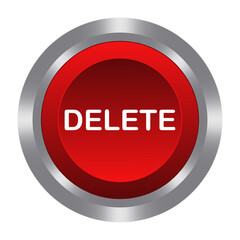 Delete red button with metal base. Push, press, control, manipulation, key, knob. Remove, clean out, clear, removal, withdrawal, resection, free space, get rid of, liquidate. Vector illustration