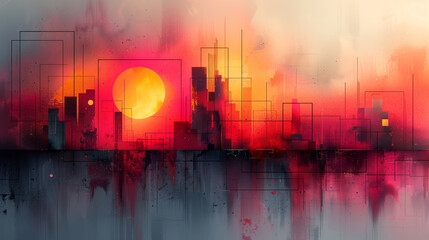 abstract digital art, technology, creativity, geometric shape, physical,, connectivity, digitalization, futuristic landscape, vibrant color, lunarpunk, luminous sphere, rusty debris, solarizing master