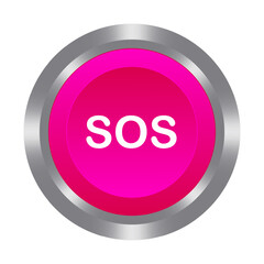 SOS pink button with metal base. Push, press, control, manipulation, key, knob. Distress call, help, save, caution, warning emergency situation, accident, doctor first aid, danger. Vector illustration