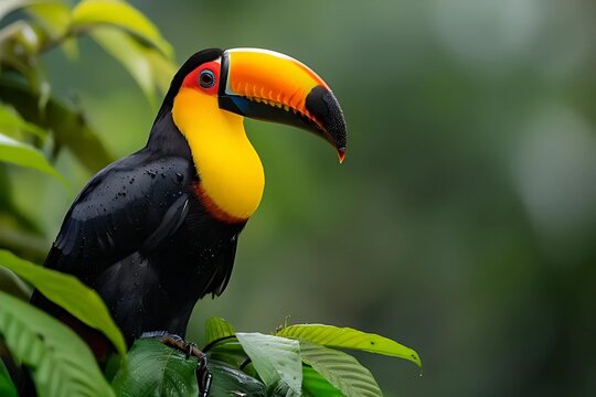 A vibrant toucan perches in the Amazon rainforest, its vivid colors standing out against the lush green foliage, a true gem of the jungle.