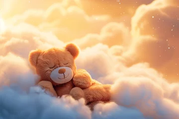Fotobehang A little teddy bear sleeping on a cloud. Concept of children's dreamy dreams. Nursery theme © erika8213