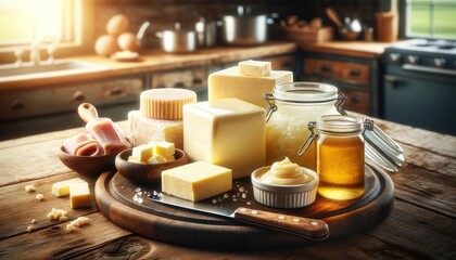 Variety of animal fats - butter, lard, and ghee on a wooden table