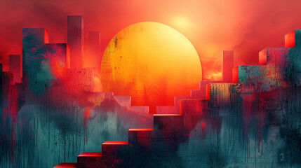 abstract digital art, technology, creativity, geometric shape, physical,, connectivity, digitalization, futuristic landscape, vibrant color, lunarpunk, luminous sphere, rusty debris, solarizing master