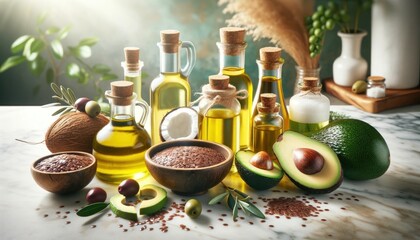 Elegant display of plant-based oils: olive, coconut, avocado, and flaxseed - obrazy, fototapety, plakaty