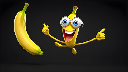 a cartoon character with happy face funny a banana on black background. banana cartoon illustration. banana cartoon character. cartoon banana cartoon