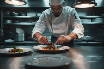 Close-up of a chef plating a gourmet dish in a high-end kitchen