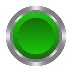 Green button with metal base. Push, press, touch, control centre, panel, manipulation, key, knob, management, administration, operation, switch on off, stop, start, caution, help. Vector illustration