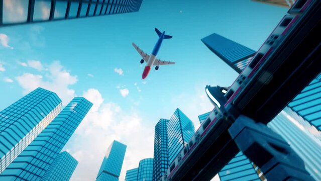 Indiana Road Sign, Modern City and Airplane Landing, Animation.Full HD 1920×1080. 08 Second Long